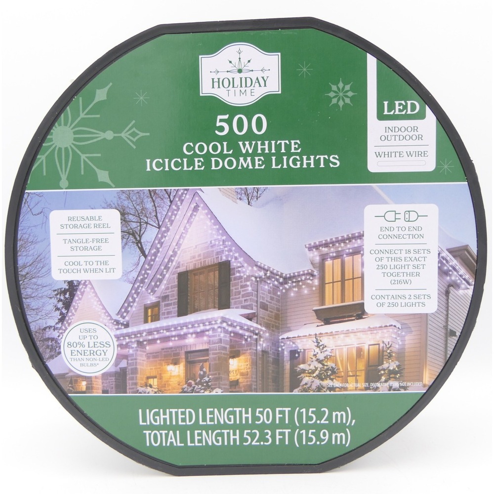 Holiday Time 500 Cool White Icicle Dome Lights LED White Wire 50 ft Length